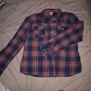 Red and blue plaid button down shirt